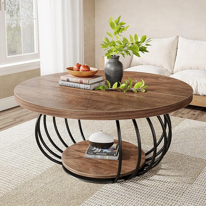 Tribesigns Round Coffee Table for Living Room, 39.4" Industrial Wooden 2-Tier Circle Accent Center Cocktail Table with Storage Shelf and Metal Frame, Rustic Brown & Black