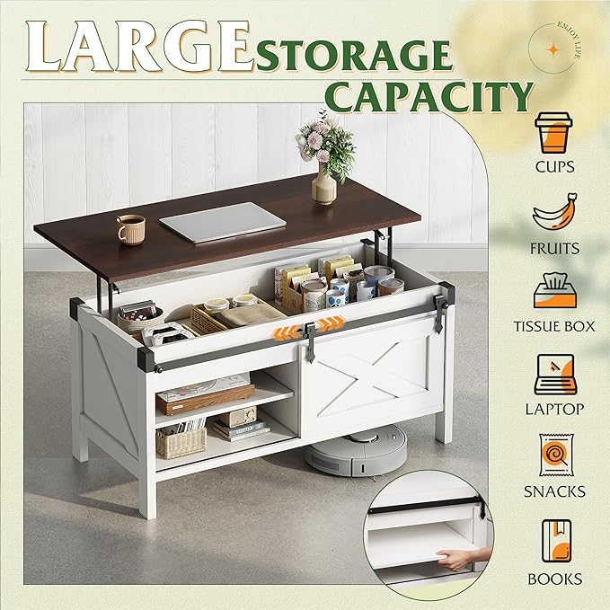 WLIVE Lift Top Coffee Table, 39.4" Farmhouse Coffee Table with Large Hidden Storage Compartment, Sliding Barn Doors, Modern Wood Center Table for Living Room, Office, White