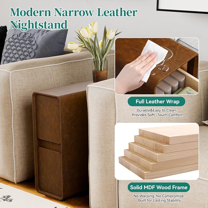 7.8" W Faux Leather Narrow Nightstand, Modern Fully-Assembled Bedside Table with 2 Drawers, Wood Night Stand Small Accent End Table & Side Table for Bedroom, Brown - Image 8