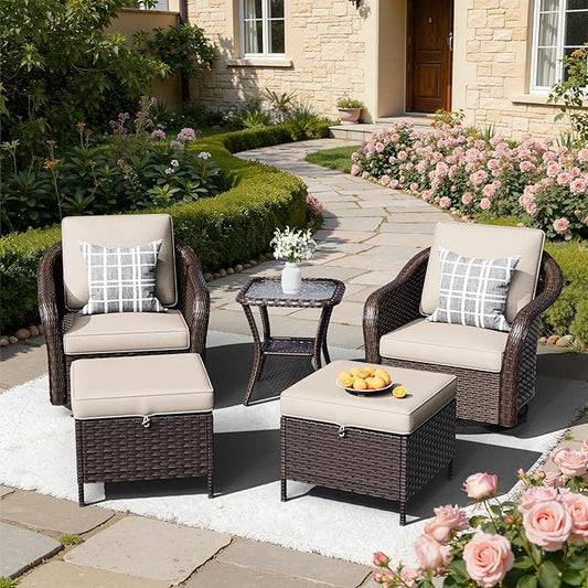 5 PCS Outdoor Conversation Set | 2 Swivel Chairs, 1 Side Table, 2 Ottomans, Patio Wicker Furniture with Removable Cushions for Bistro, Deck, Sunroom(Beige)