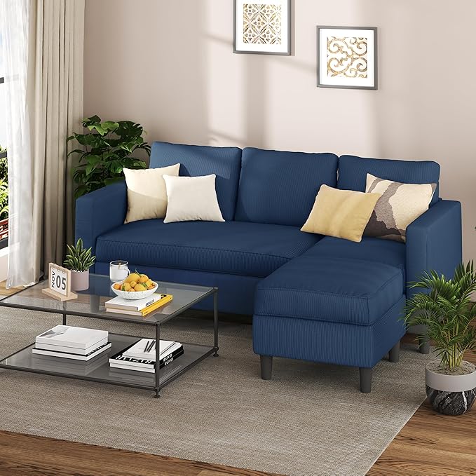 Shintenchi Small Sectional Sofa Couches,L Shape Convertible Sofa with Ottoman,3 Seat Comfy Corduroy Upholstered Sofa Couch,Small Couch for Apartment,Living Room and Office(Blue)