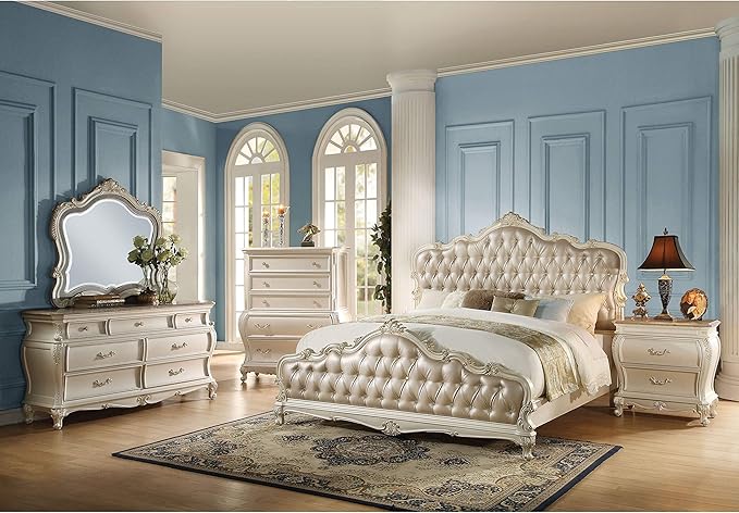 Acme Furniture Chantelle 4-Piece Bedroom Set, Rose Gold PU Leather with Pearl White Finish Eastern King