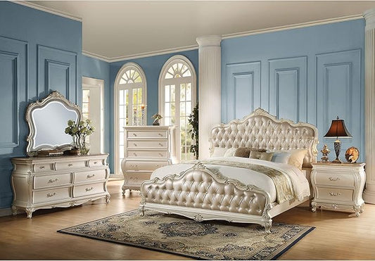 Acme Furniture Chantelle 4-Piece Bedroom Set, Rose Gold PU Leather with Pearl White Finish Eastern King