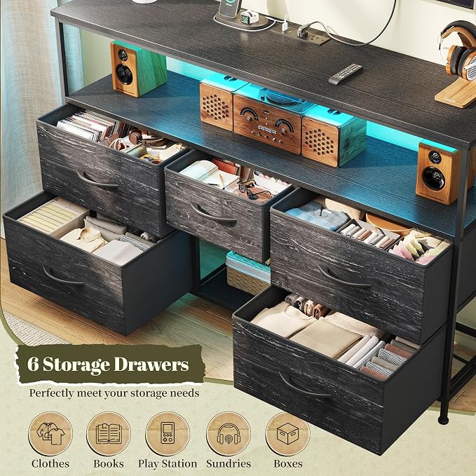 Romorgniz Dresser TV Stand for 50" TV with Power Outlets & LED Light, Entertainment Center with Storage 5 Fabric Drawers Dressers TV Stand for Bedroom, Living Room, Grain Black - Image 3