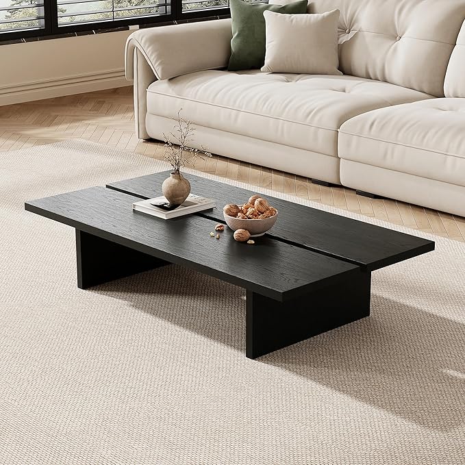 47.2" Modern Coffee Table for Living Room, Black Coffee Table Wood Living Room Table Rectangular Center Table Tea Table for Home Office