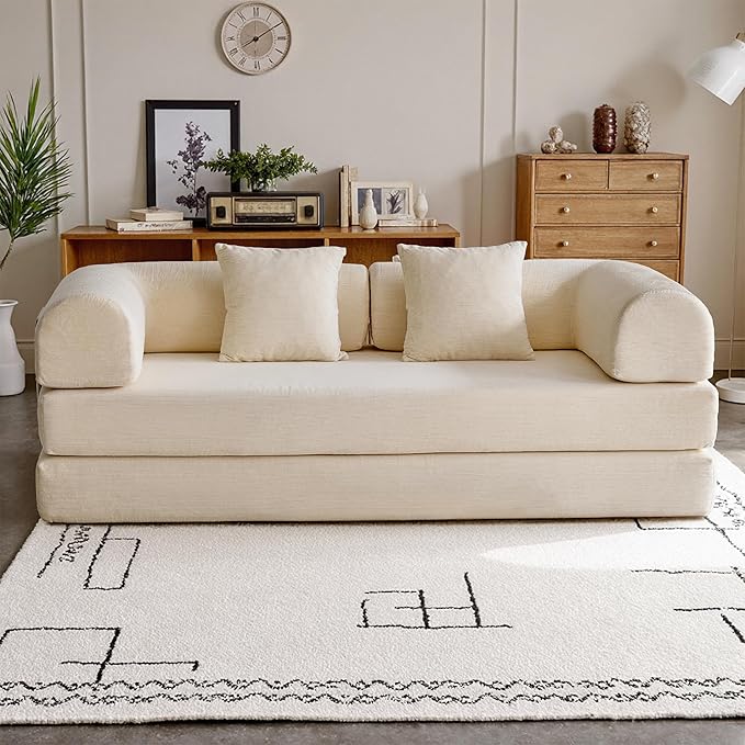 79'' Convertible Compressed Corduroy Folding Cloud Sofa Bed, 5 in 1 Modern Modular Boneless Pull Out Loveseat Sleeper in a Box, No Assembly Floor Mattress Futon Couch for Home, Beige, Pillows, King