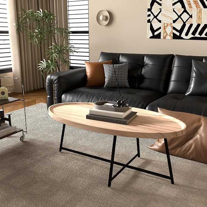 Modern Coffee Table, Oval Wood Coffee Tables Center Table with Metal Leg for Living Room, 47 Inch Living Room Table Accent Furniture (Oval Coffee Table, Nature-2)