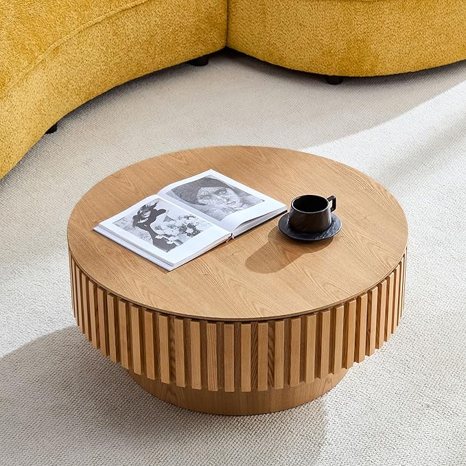 WILLIAMSPACE 31.49" Round Coffee Table with Storage for Living Room, Modern Circle Center Table with Solid Wood Veneered & Sturdy Pedestal, Accent End Tea Table for Apartment - Oak