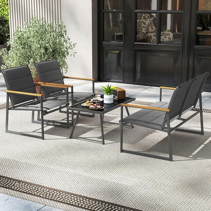 Tangkula 8 Piece Patio Furniture Set, Outdoor Metal Conversation Set with Padded Fabric Seat & Wood-Plastic Armrests, Sectional Sofa Set with Tempered Glass Coffee Table for Backyard, Porch (Gray)