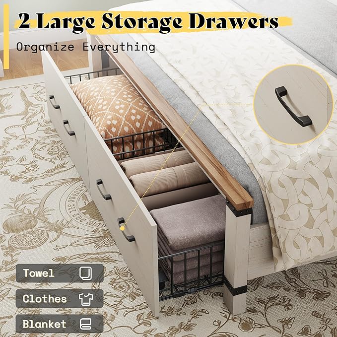 AMERLIFE 2 Pieces Farmhouse Bedroom Set, Includes Wood Rustic Queen Size Bed Frame with 54" Tall Headboard, 48" Tall 5 Drawers Dresser Chest, Heavy Duty Thick Plank Styling, Antique White