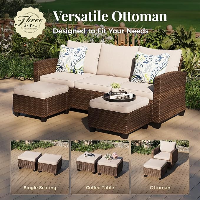 Patio Furniture Set, 5 Pcs Wicker Rattan Outdoor Conversation Set, 2 x Leg Chairs, 1 x 3 Seater Sofa and 2 x Ottoman with 4" Thick Cushion, Beige