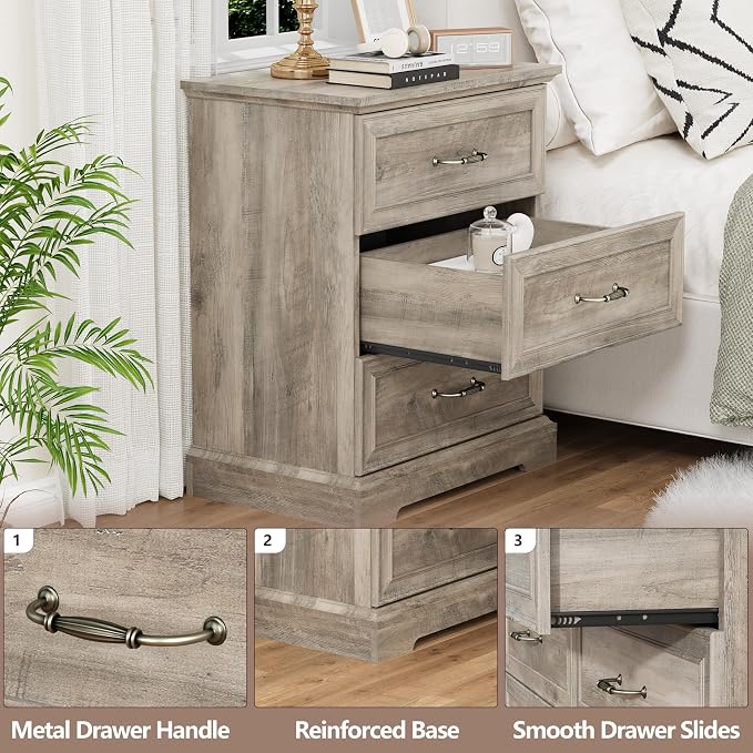 Nightstand with 3 Large Drawers,24" Wide End Table with Metal Handles,Rustic Farmhouse Wood Small Dresser,Bedside Table,Modern Chest of Drawers for Bedroom,Living Room,Grey - Image 4
