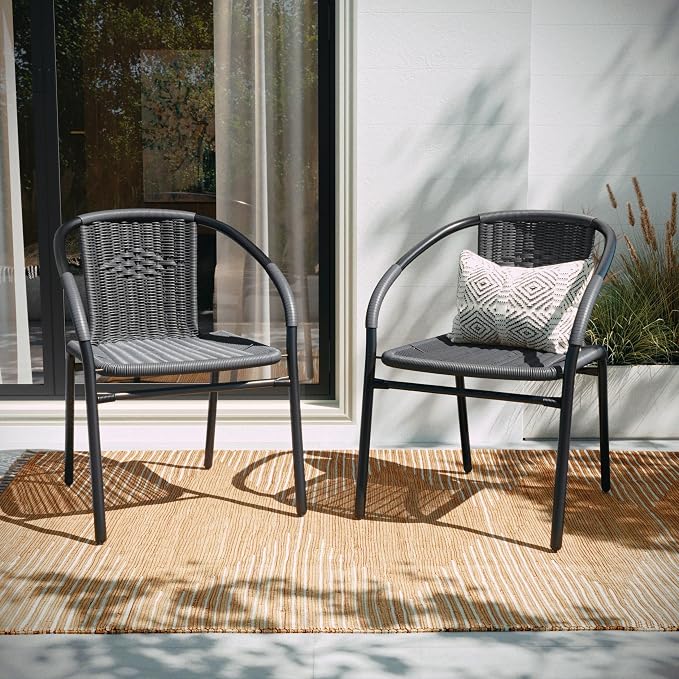 EMMA + OLIVER Set of 2 Modern Rattan Indoor/Outdoor Stack Chairs, Stacking Rattan Patio Chairs with Curved Back and Cross Bracing, Gray by EMMAOLIVER