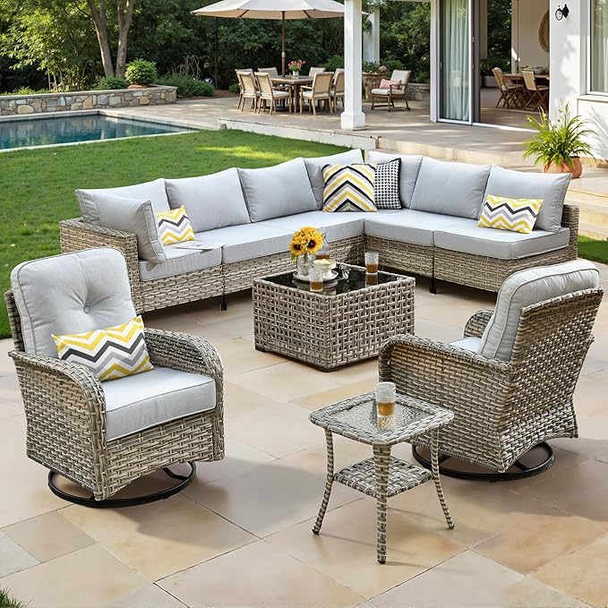 10 Piece Outdoor Patio Furniture with Swivel Rocking Chair, Rattan Wicker Conversation Set with Glowing Coffee Table, Sectional Single Chairs for Porch Balcony Backyard Pool,Light Grey