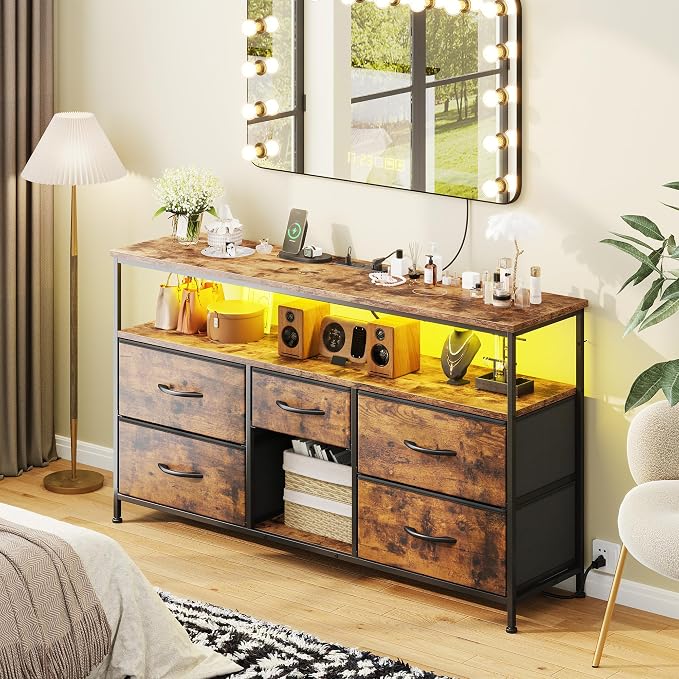 EnHomee TV Stand for Bedroom with LED Lights & Power Outlets, 5 Drawers Dresser Entertainment Center for 45/50" TV, Fabric Dressers with Storage Wood Shelves for Living Room,Dorm,Rustic Brown - Image 4