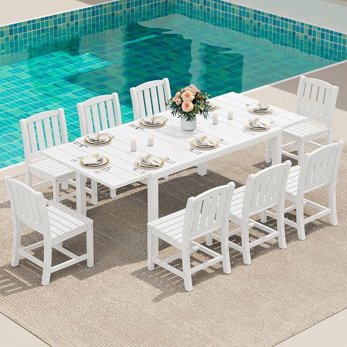 SERWALL 9-Piece Outdoor Dining Set, 60" - 83" Expandable Outdoor Dining Table and 8 HDPE Chairs, All Weather HDPE Outdoor Furniture Set for Backyard, Garden, White by SERWALL