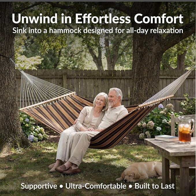 Sunnydaze Quilted Double Hammock for Outside with Spreader Bars and Pillow - 450 lb Capacity, 74x55 Inch Bed, UV Resistant, Quick Dry - Chains Included, Stand Sold Separately - Woodland Stripe - Image 2