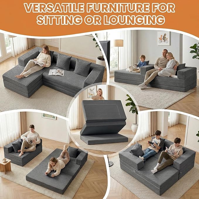 Modular Sectional Sofa, Boneless Convertible Oversized Sleeper Sofa Bed, Modern Tri-Folding Cloud Couch with L-Shape Chaise, Corduroy Futon Couches for Living Room Small Spaces Apartment,No Assembly