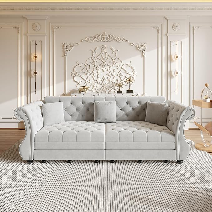 Eafurn Oversized 4-Seater Chesterfield Loveseat Convertible King Size Sleeper Couch Bed,Classic Tufted Velvet Pull Out Loveseat Sofa Bed with Roll Armrest and Solid Wood Legs