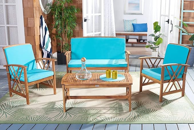 SAFAVIEH Outdoor Collection Fontana Natural/Aqua Cushion 4-Piece Conversation Patio Set