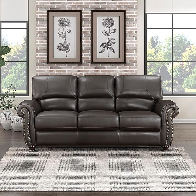 Lexicon Leather Match Couch for Living Room with Wood Frame, Rolled Armrest & Nailhead Trim, Top Grain Leather Match Sofa for Bedroom, Office, Waiting Room, 3-Seater Sofa, Dark Brown