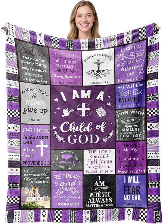 Christian Gifts for Women, Birthday Gift for Women, I Am a Child of God Blanket, Inspirational Gifts for Christians Sister, Friend, Daughter, Mom, Baptism Gifts for Girl Throw Blanket 50''x60'' Purple