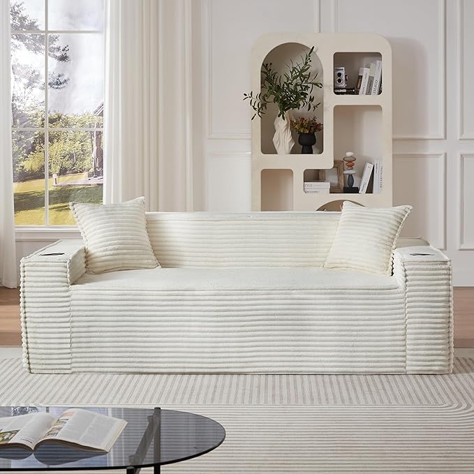 Cloud Loveseat Boneless Sofa Couch in a Box with Cupholders, Modern Corduroy Compressed Sofa for Living Room, 3 Seater High-Density Foam Couch with Pillows, No Assembly Required
