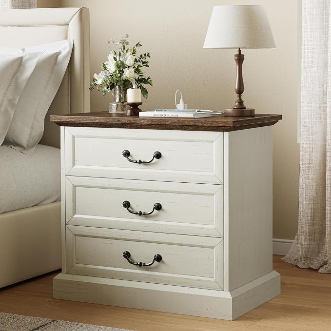 Huuger Nightstand with Charging Station, 3 Drawer Night Stand, 22 Inch Wider Side Table with Storage, Farmhouse Nightstand with Vintage Handles, Thicken Base, for Bedroom, Distressed White by Huuger