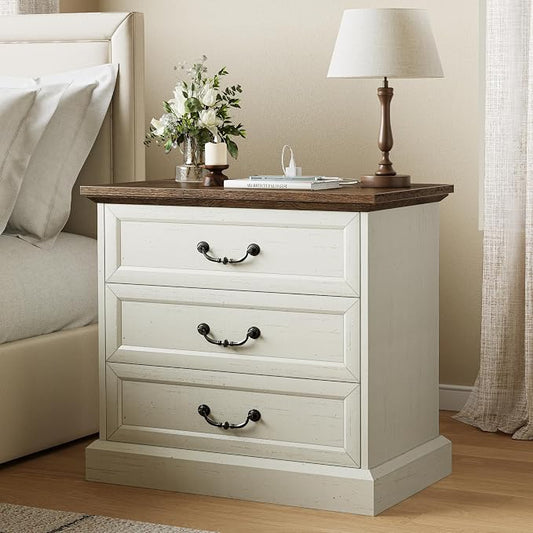 Huuger Nightstand with Charging Station, 3 Drawer Night Stand, 22 Inch Wider Side Table with Storage, Farmhouse Nightstand with Vintage Handles, Thicken Base, for Bedroom, Distressed White by Huuger