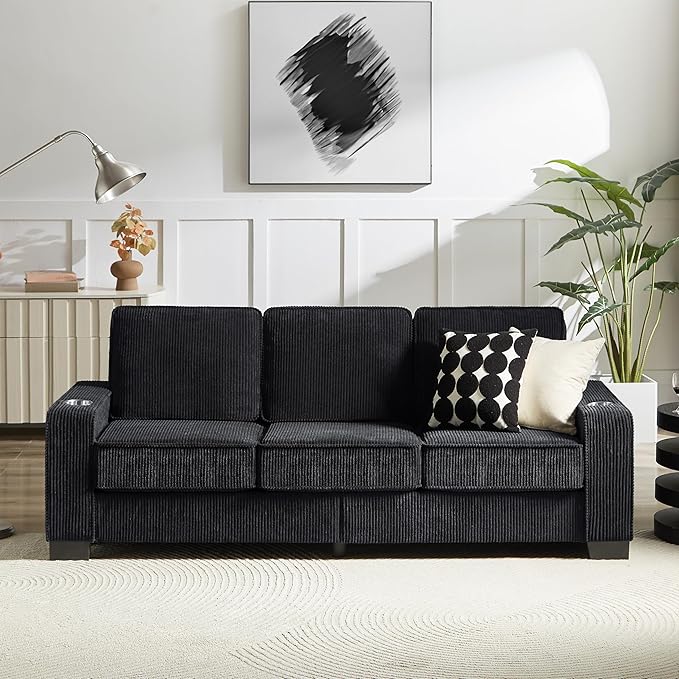 83" Modern Cloud Sofas for Living Room Bedroom, 3 Seat Modular Couch Soft Corduroy Upholstered Loveseat Couches with Cupholders for Home Apartment Office Studio