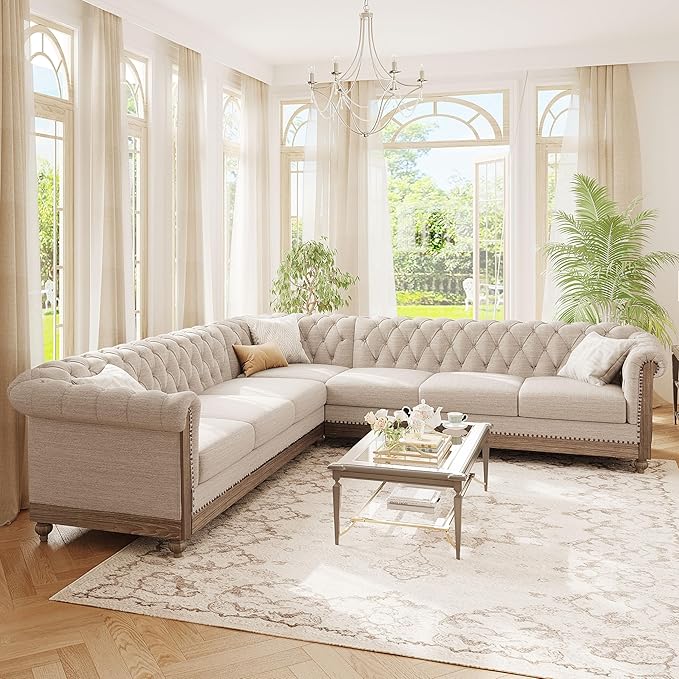 Merax Chesterfield Sofa, Retro Upholstered 6 Seater Rolled Arm Couch for Living Room Bedroom Office, Beige