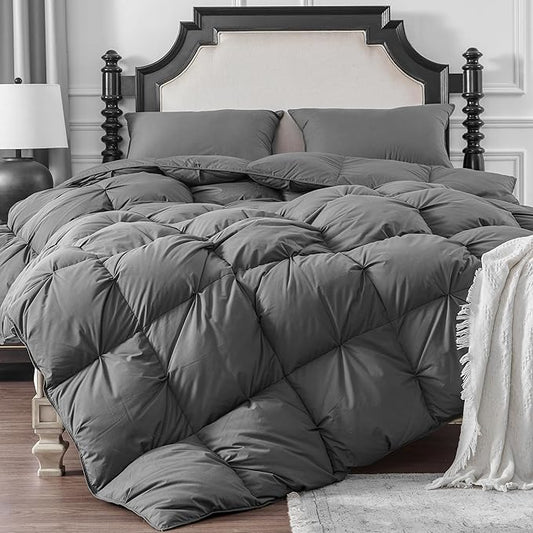 KAKABELL Pinch Pleat Goose Down Feathers Fiber Comforter Palatial King Size All Season-Ultra Soft and Cozy Noiseless Duvet Insert with Egyptian Cotton Blend Cover,Fluffy Warm Comforter (Grey,120"X98")
