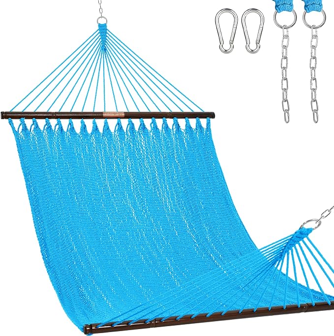 Lazy Daze Hammocks 10.5 FT Double 2 Person Caribbean Rope Hammock, Hand Woven Polyester Hammock with Spreader Bars, for Outside Outdoor Backyard Patio Poolside, 450 LBS Capacity, Sky Blue by LazyDazeHammocks