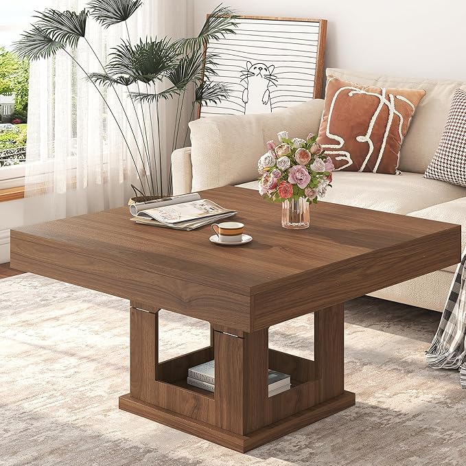 Square Coffee Table, Wood Coffee Table with Storage, Farmhouse Cat House Low Center Tables Cocktail Table for Living Room, Rustic Brown