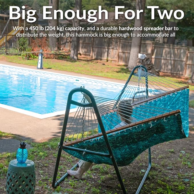 Sunnydaze Quilted Double Hammock for Outside with Spreader Bars and Pillow - 450 lb Capacity, 74x55 Inch Bed, UV Resistant, Quick Dry - Chains Included, Stand Sold Separately - Cool Blue Tropics - Image 6