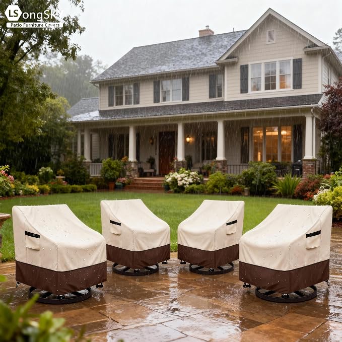Patio Swivel Chair Cover 4 Pack,Waterproof Heavy Duty Patio Chair Covers,Swivel Chair Cover for Outdoor Furniture Covers Waterproof(33 W x 35 D x 36 H inches),Beige&Brown - Image 6