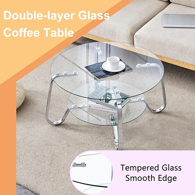 Glass Round Coffee Table for Living Room, 31.5 Inch Tempered Glass Top & Sturdy Metal Frame with Storage Shelf, Modern Small Center Table with 200lb Capacity, Quick & Easy Assembly