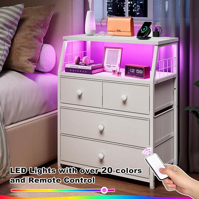 EnHomee Nightstand with Charging Station & LED Lights, End Table with 4 Fabric Drawers, Bedside Table with Shelf, Furniture for Bedroom, Dorm, Closet, Entryway, Wood Top, White - Image 9