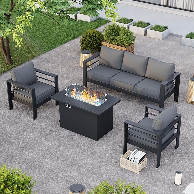 Patio Furniture Set with Fire Pit Table, Aluminum Patio Furniture Set,Grey Outdoor Metal Sectional Sofa with Aluminum Fire Pit Table for Garden Backyard (Include Waterproof Cover)