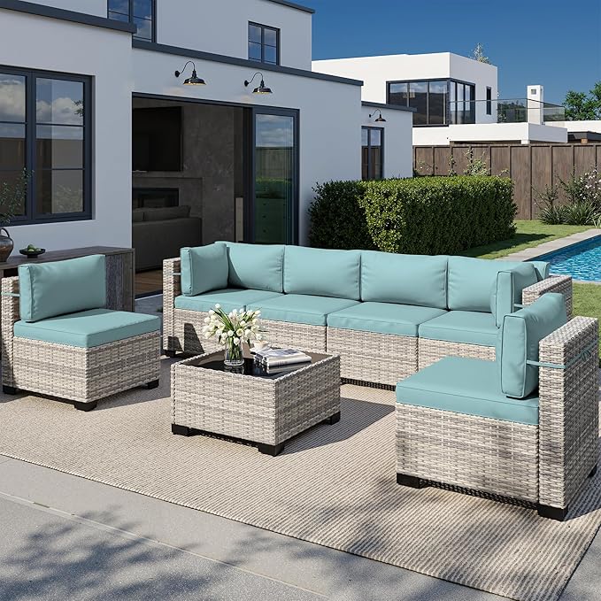 7-Piece Outdoor Patio Furniture Set, PE Wicker Rattan Sectional Sofa Conversation Set with Tempered Glass Table & Thick Cushions - All-Weather Garden, Backyard Furniture, Light Blue