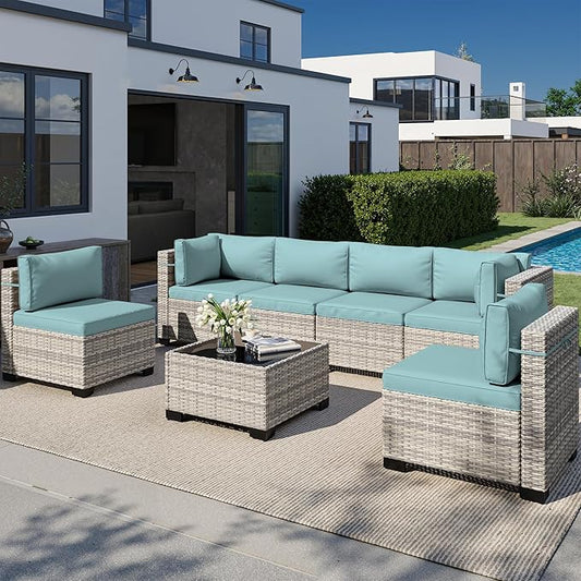 7-Piece Outdoor Patio Furniture Set, PE Wicker Rattan Sectional Sofa Conversation Set with Tempered Glass Table & Thick Cushions - All-Weather Garden, Backyard Furniture, Light Blue