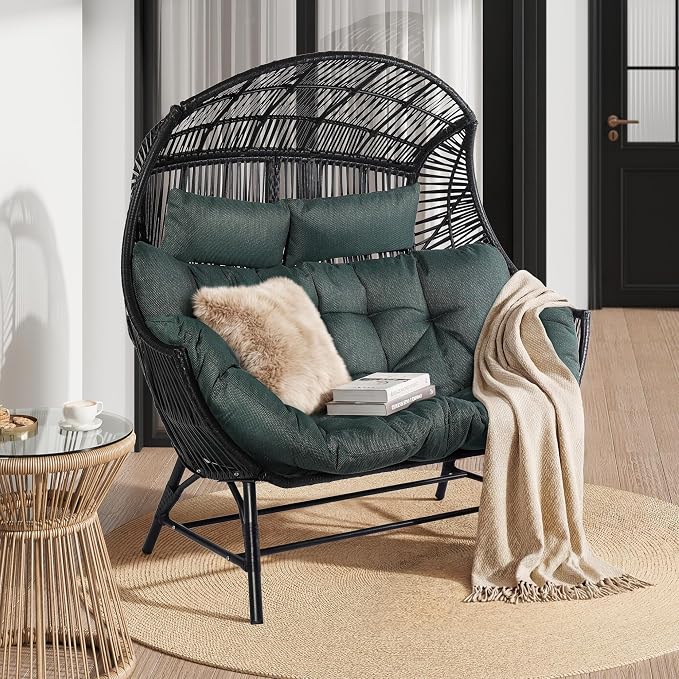 IRONCK Egg Chair Outdoor, Double Wicker Egg Lounge Chair, Upgraded Feet, Handrest and Padded Cushion, 700Lbs, Oversized Loveseat for Backyard, Patio, Living Room, Dark Green by IRONCK