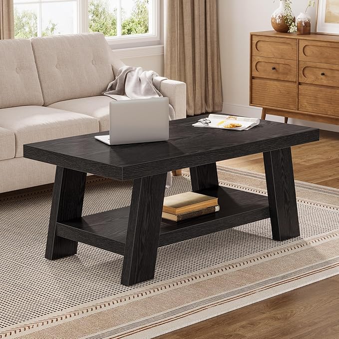 Tribesigns Rectangle Coffee Table, 47-Inch Wood Coffee Tables for Living Room, Farmhouse Long Center Tables with 2-Tier Storage Shelves for Living Room, Apartment, Home Office (Black)