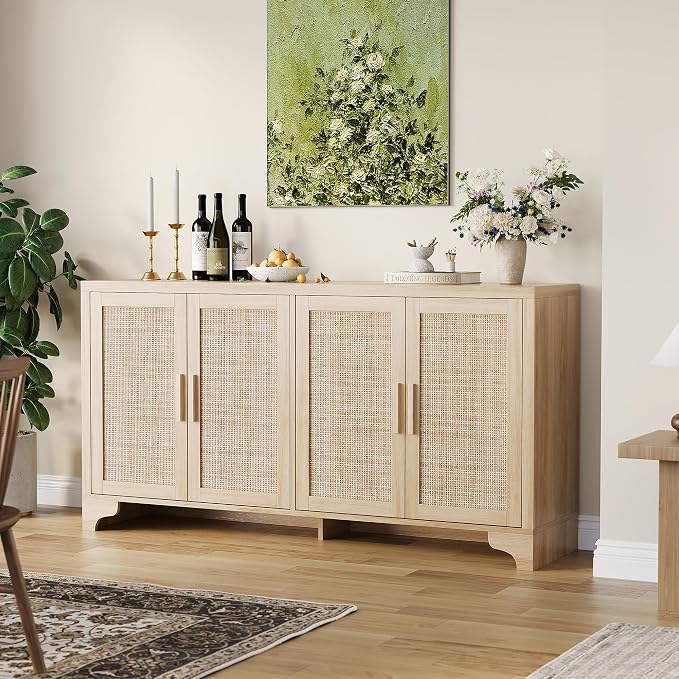 TV Stand for TVs Up to 65'', Natural Rattan Entertainment Center with Storage Cabinets, Boho Media Console Table for Living Room, Farmhouse Cabinet - Image 3