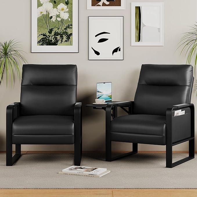 Alunaune Upholstered Living Room Chair Armchair, Mid Century Faux Leather Metal Accent Chair, Reception Couch Slipper Club Lounge Chair Guest Comfy Single Sofa with Sidetable for Bedroom-Black
