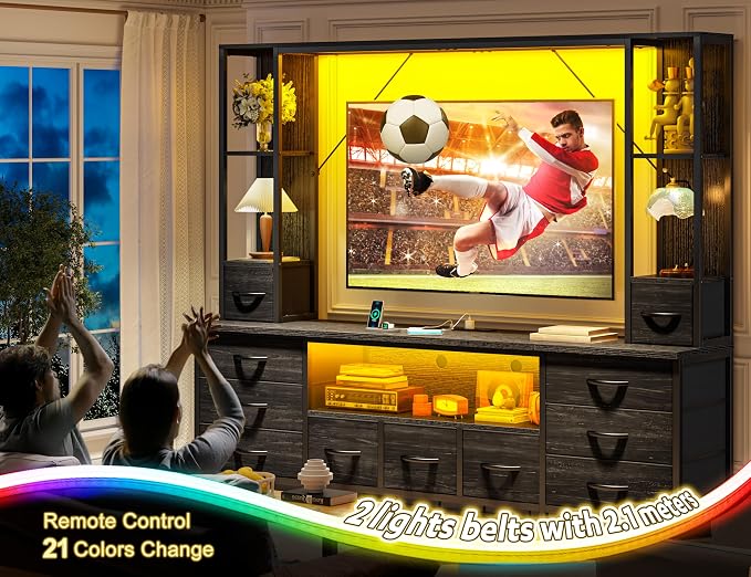 EnHomee 65" TV Stand for Living Room, Large Entertainment Center with 11 Fabric Drawers, 2 LED Lights & Power Outlets, Modern Dresser with Storage Shelves, Wall Unit for Bedroom, Black - Image 3
