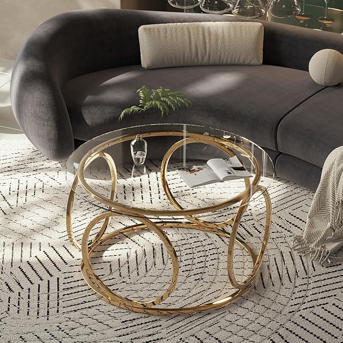 32" Tempered Glass Round Coffee Table Modern Gold Frame Ring Base Single-Layer Circle Living Room Center Tables