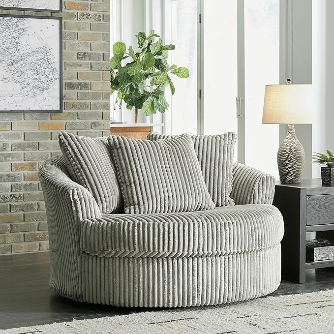 Signature Design by Ashley Lindyn Contemporary Oversized Accent Chair with 360-Degree Swivel, Feather Blend Throw Pillows, Corded Fabric, Gray