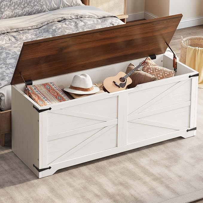 DWVO Storage Bench, 47.2" Farmhouse Storage Chest with 2 Safety Hinges, Wooden Utility Organizer, Shoe Bench for Entryway, Bedroom, Living Room, White and Walnut - Image 3