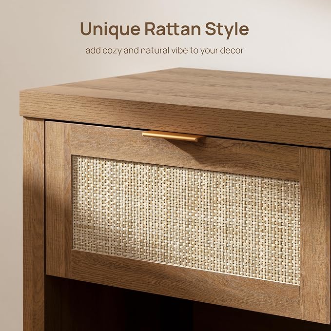 SICOTAS Rattan Nightstand - Farmhouse Night Stand with Drawer and Storage Shelf - Boho Bedside Table - End Side Table for Bedroom,Oak - Image 6